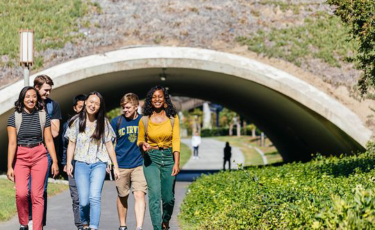 Students walking under the bridge into Aldrich Park
