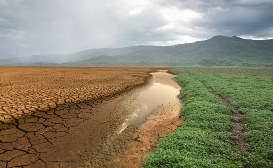 Dry earth scene with a green mountain on the right