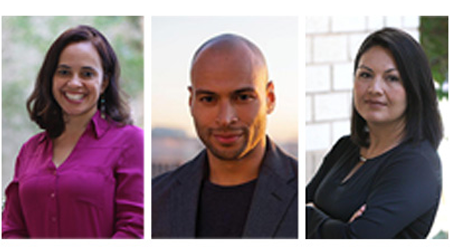 From left to right, Samar Al-Bulushi, anthropology assistant professor; Kyle Grady, assistant professor of English and Irene Vega, sociology assistant professor