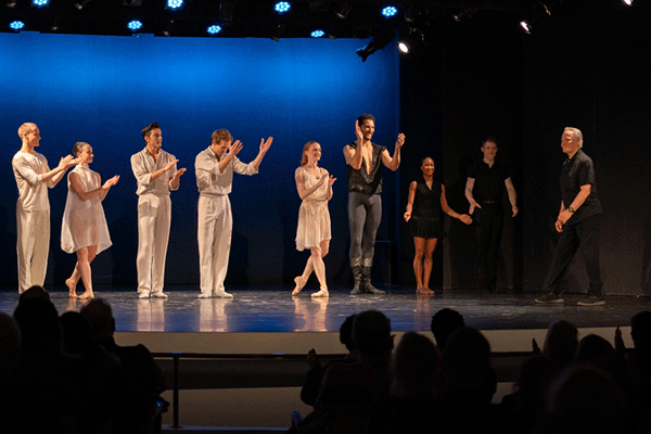 Lar Lubovitch (far right) prepares to take a bow at the "Works & Process: Lar Lubovitch at 80: Art of the Duet" performance at the Guggenheim Museum in New York City. Photo by Erick Munari