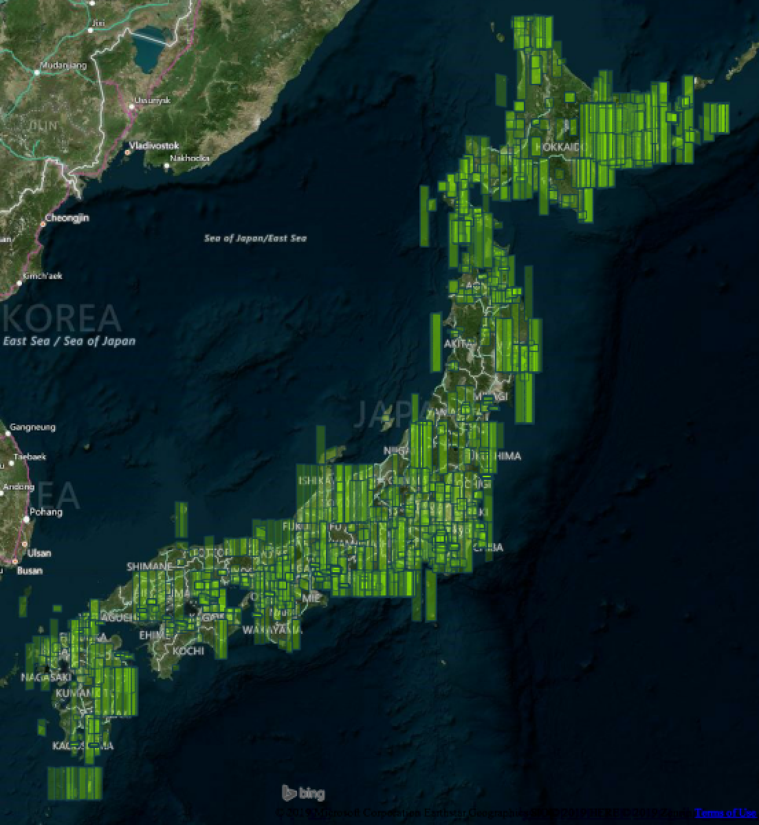 High resolution satellite imagery coverage of Japan