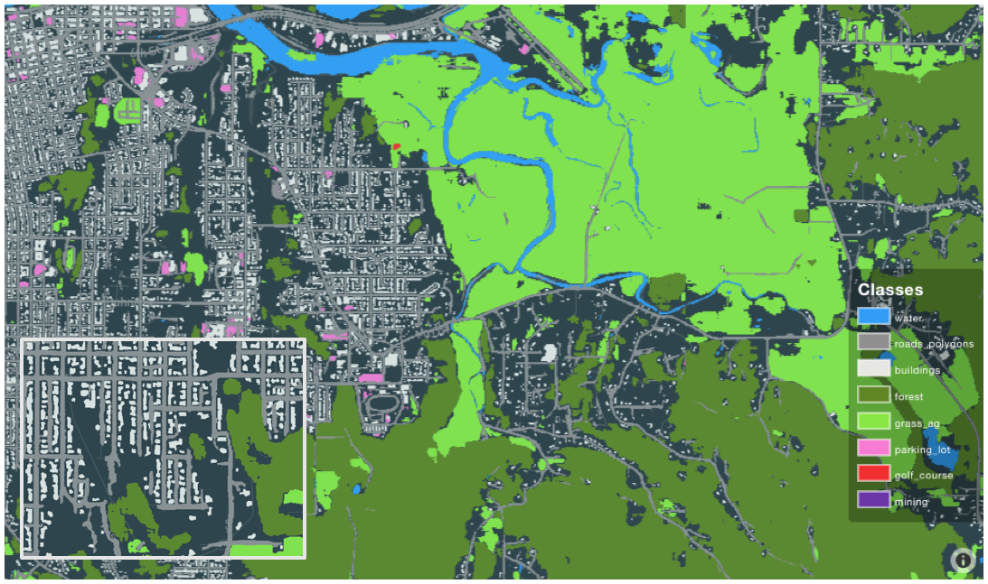 Medium-resolution land use classifier run in Eureka, CA (Apr. 2019). The results are visualized in our GO Explore tool.