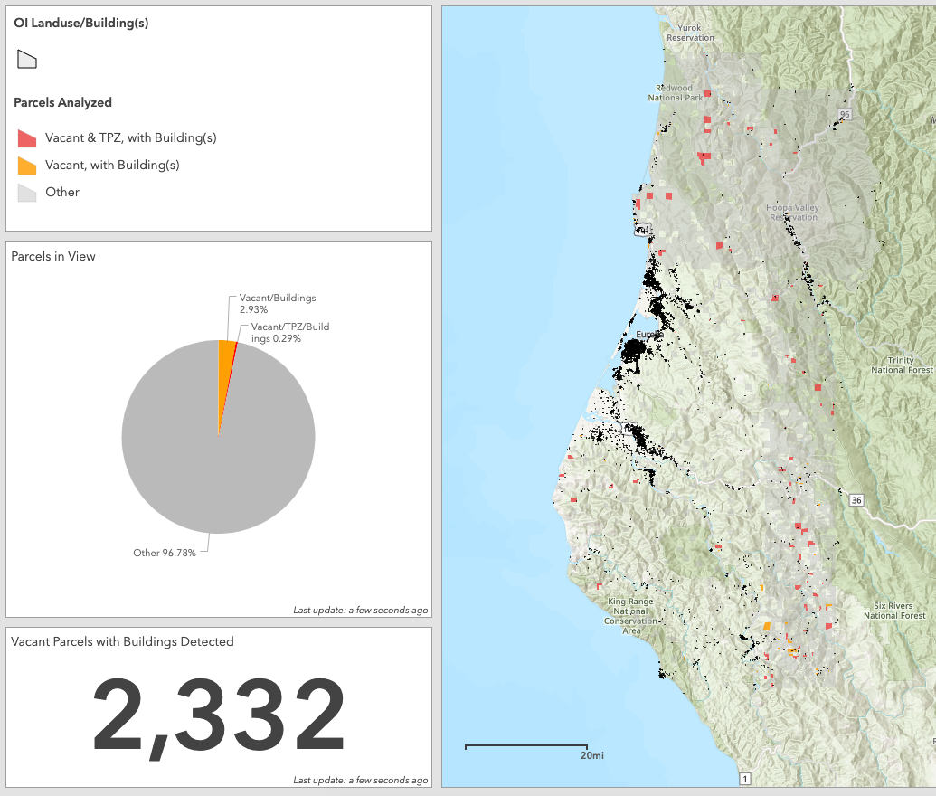 For the entire 10,000km2 area, 2,332 parcels contain buildings that are labeled as Vacant (orange) or Vacant & TPZ (red).