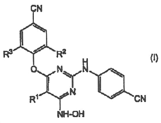 Imagen de la patente 2-(4-CIANOFENIL)-6-HIDROXILAMINOPIRIMIDAS QUE INHIBEN EL VIRUS DE INMUNODEFICIENCIA HUMANA.