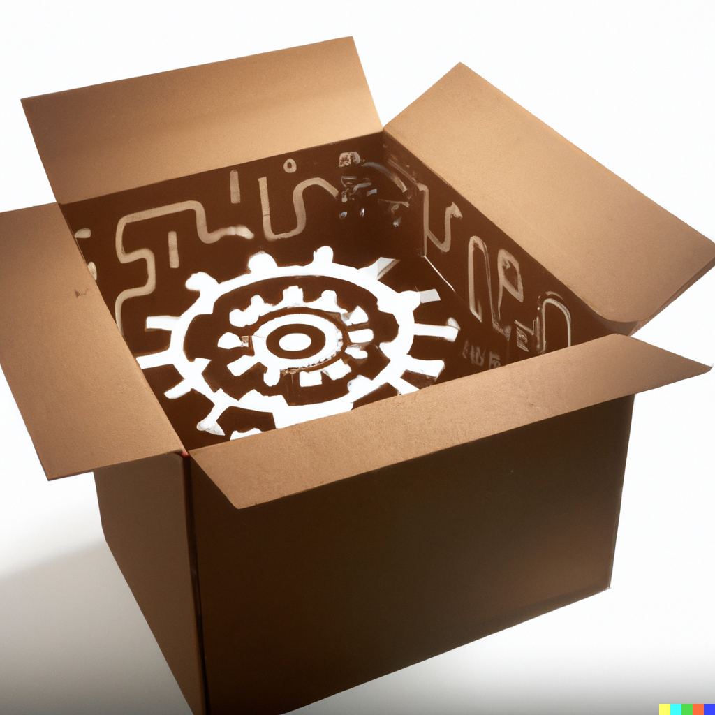 DALL·E 2023-03-24 13.58.55 - a simple cardboard box with a labyrinth of gears inside