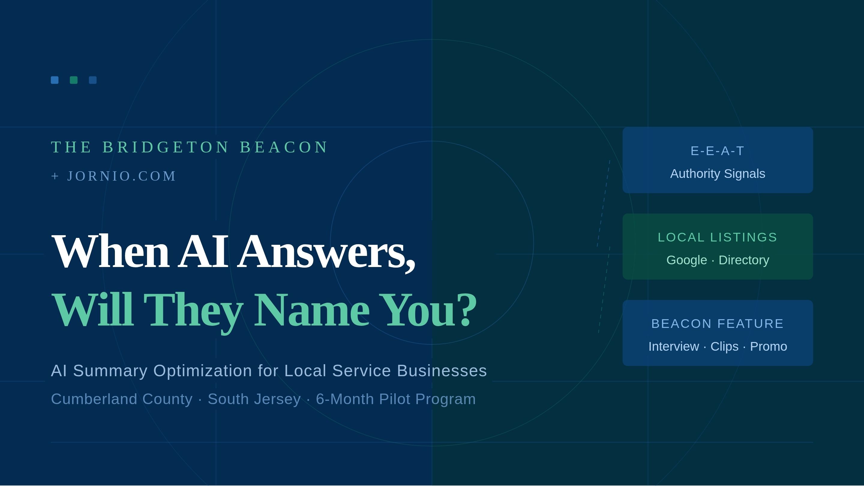 Be the Local Business AI Mentions First: Bridgeton Beacon + Jornio 6-Month Pilot Be the Local Business AI Mentions First: Bridgeton Beacon + Jornio 6-Month Pilot