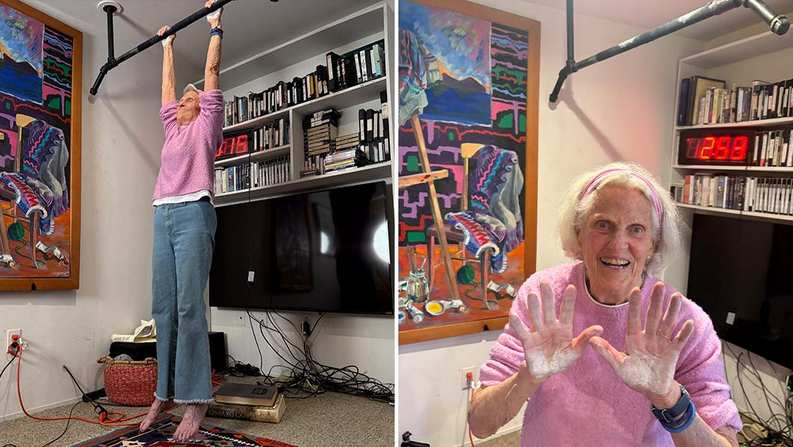 Determined 90-year-old grandma breaks record for oldest woman to hold a dead hang