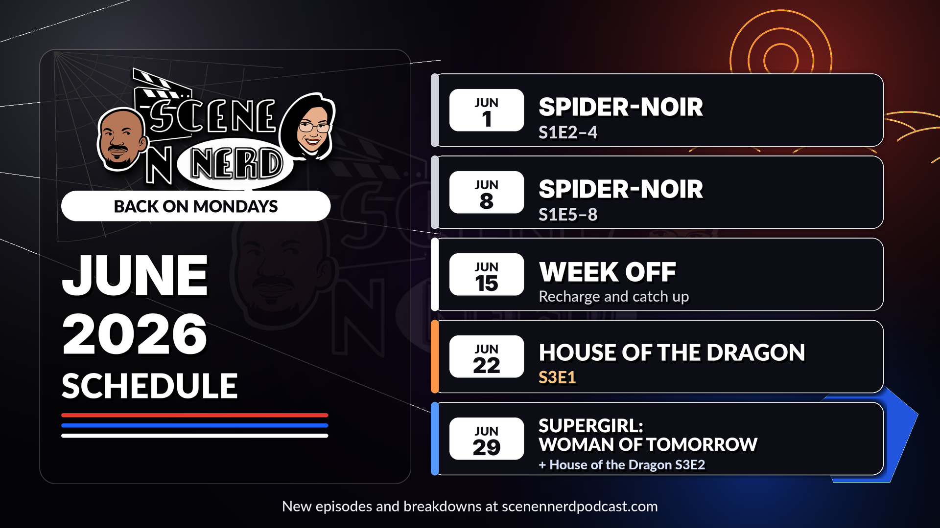 Scene N Nerd June Schedule: Spider Noir, House of the Dragon, and Supergirl