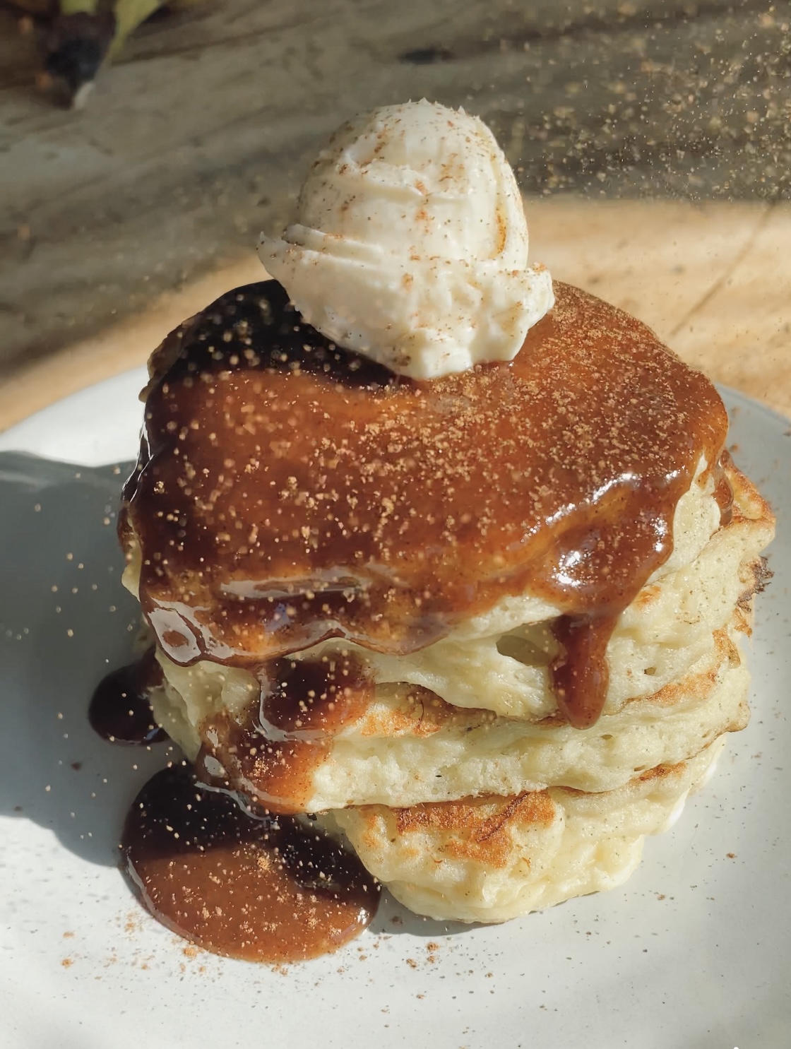 Gluten-Free Banana Pancakes with Cinnamon Roll Syrup