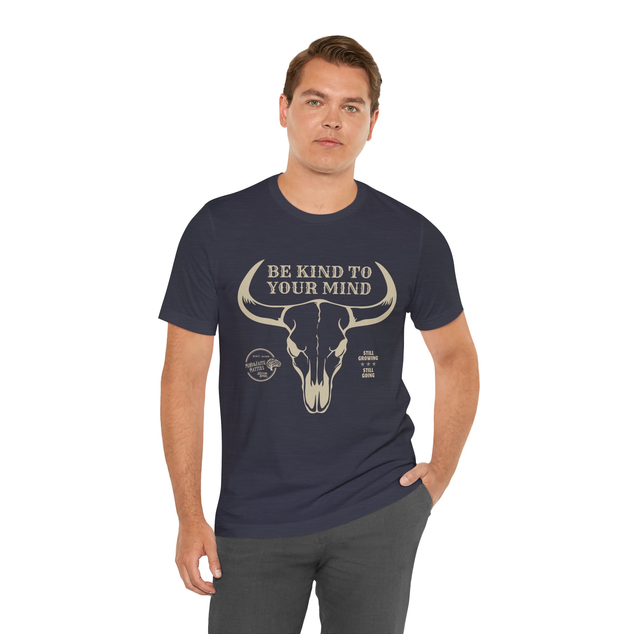 Be Kind to Your Mind Curved Horn Skull Tee | Tan Graphic on Dark