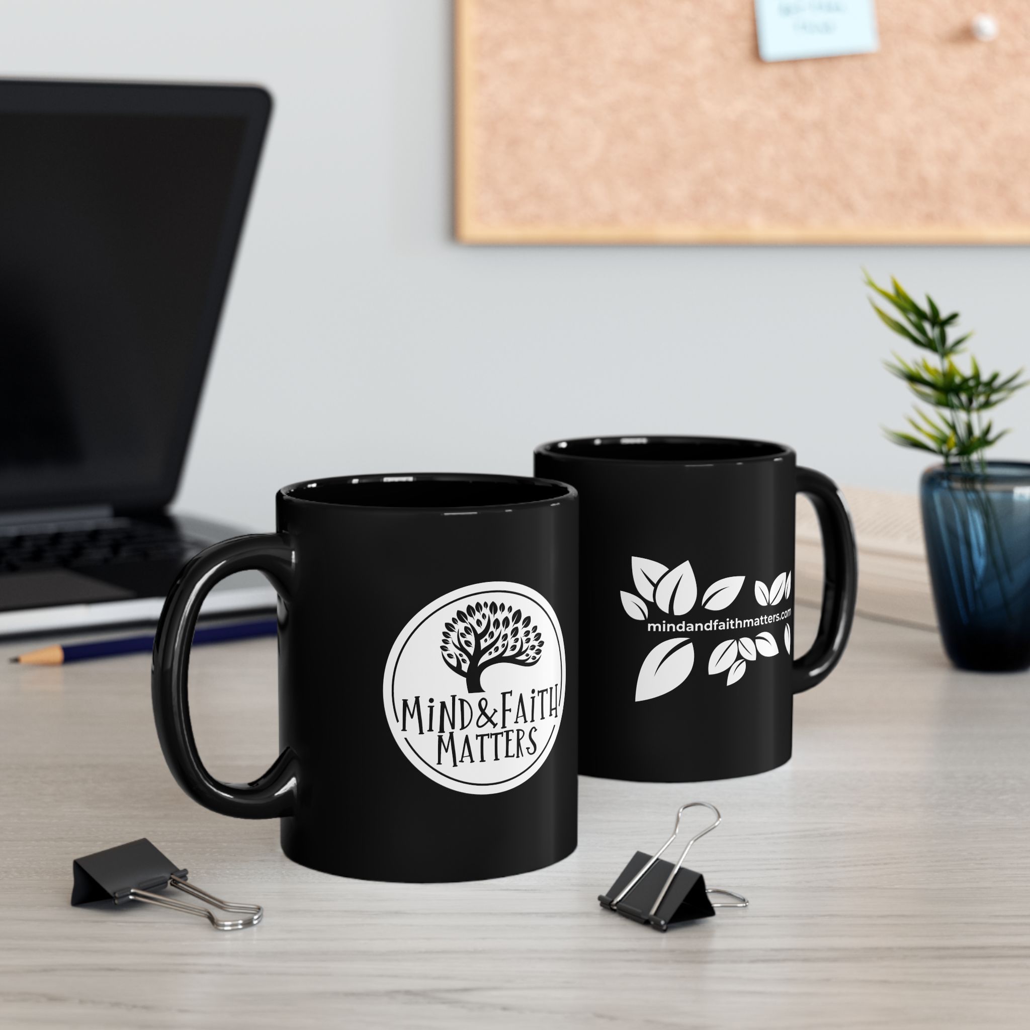 Mind and Faith Matters Black Mug | White Logo | 11 oz