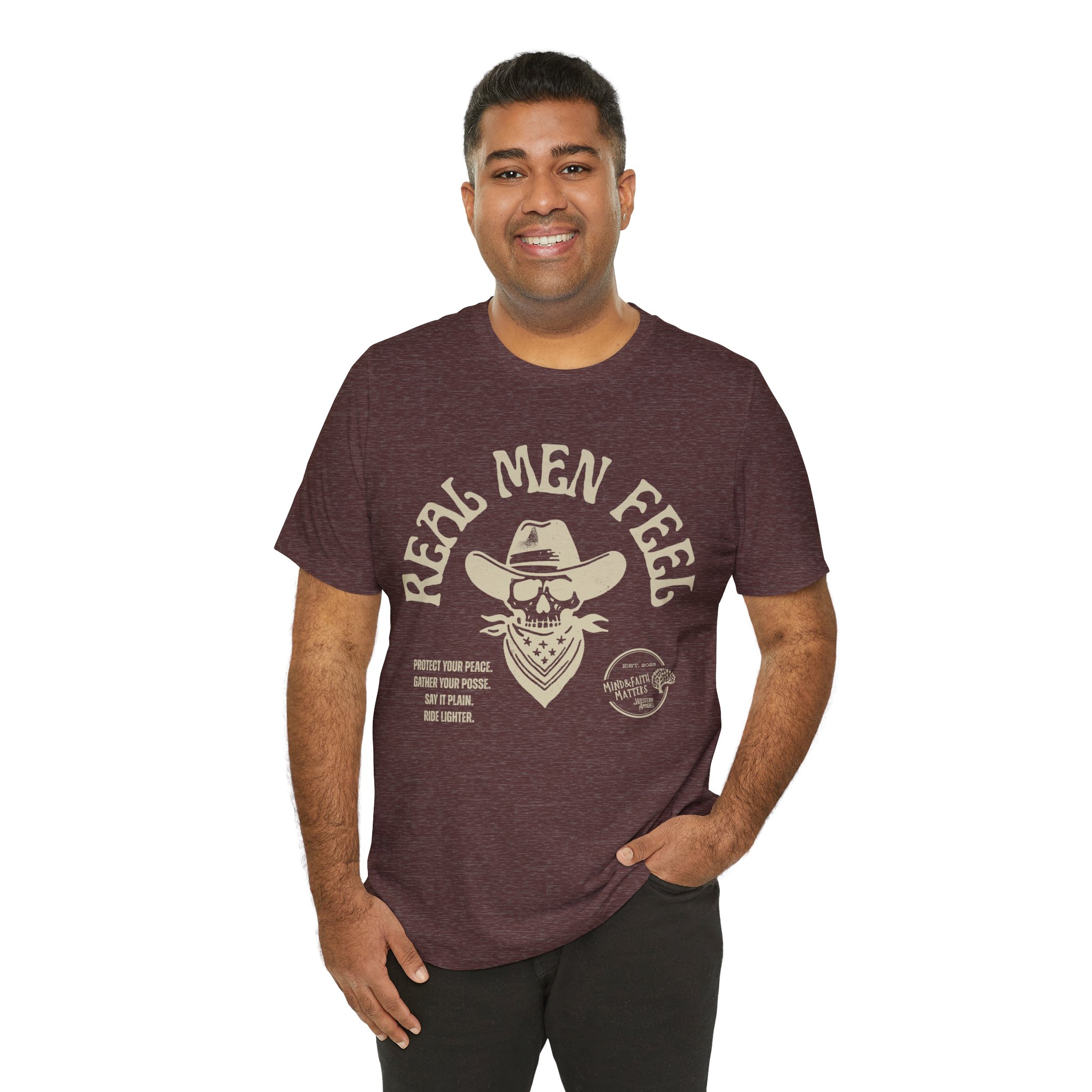 Real Men Feel Rustic Cowboy Graphic Tee | Tan Graphic | Unisex Casual Shirt
