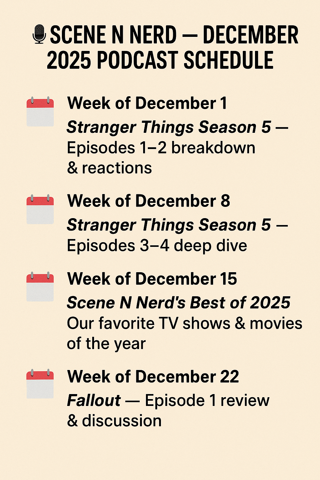 Scene N Nerd Podcast — December 2025 Schedule