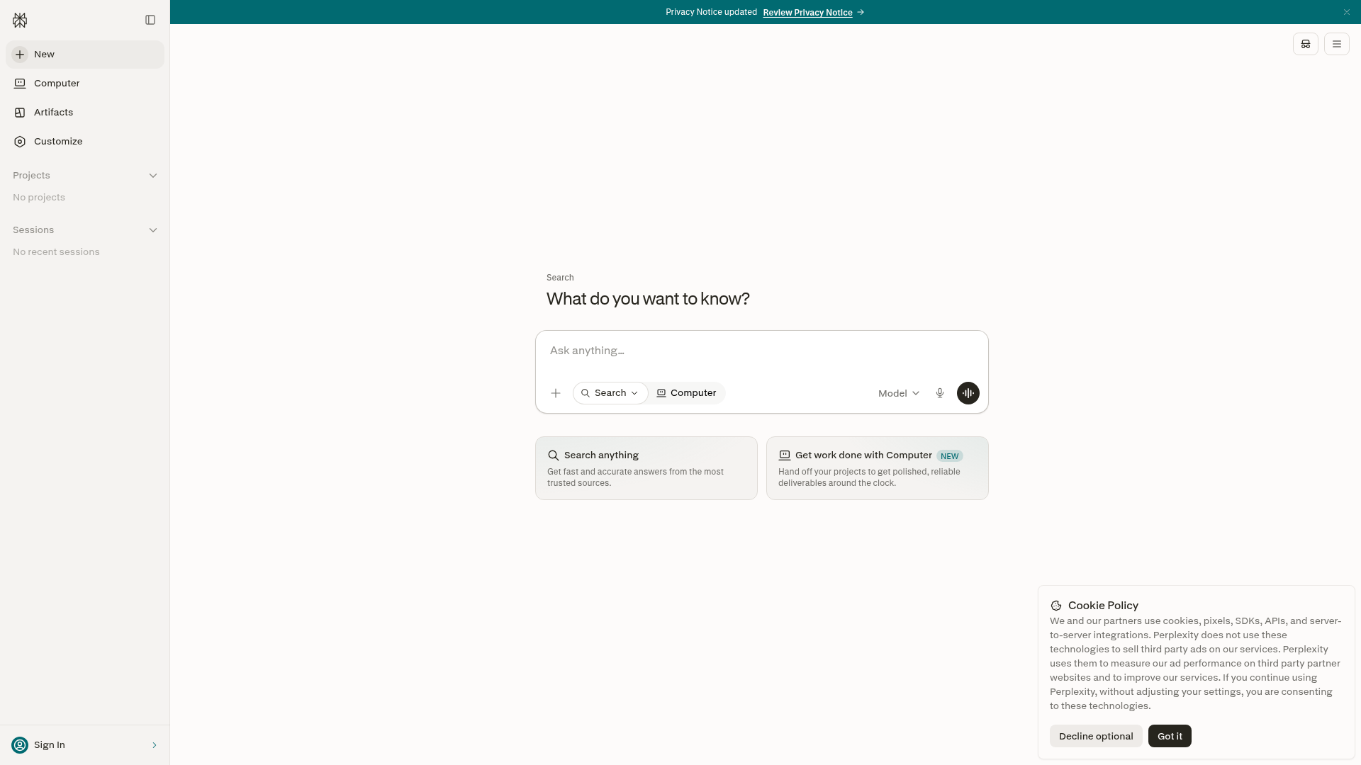 Perplexity AI website