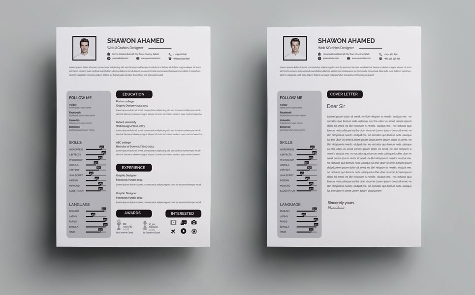 Download Резюме "Shawon Ahamed Resume Template" / Shawon Ahamed Resume Template - Резюме на тему графика infographic resume design cv cover letter template modern minimal professional us a4 diy creative lebenslauf word microsoft ms adobe indesign