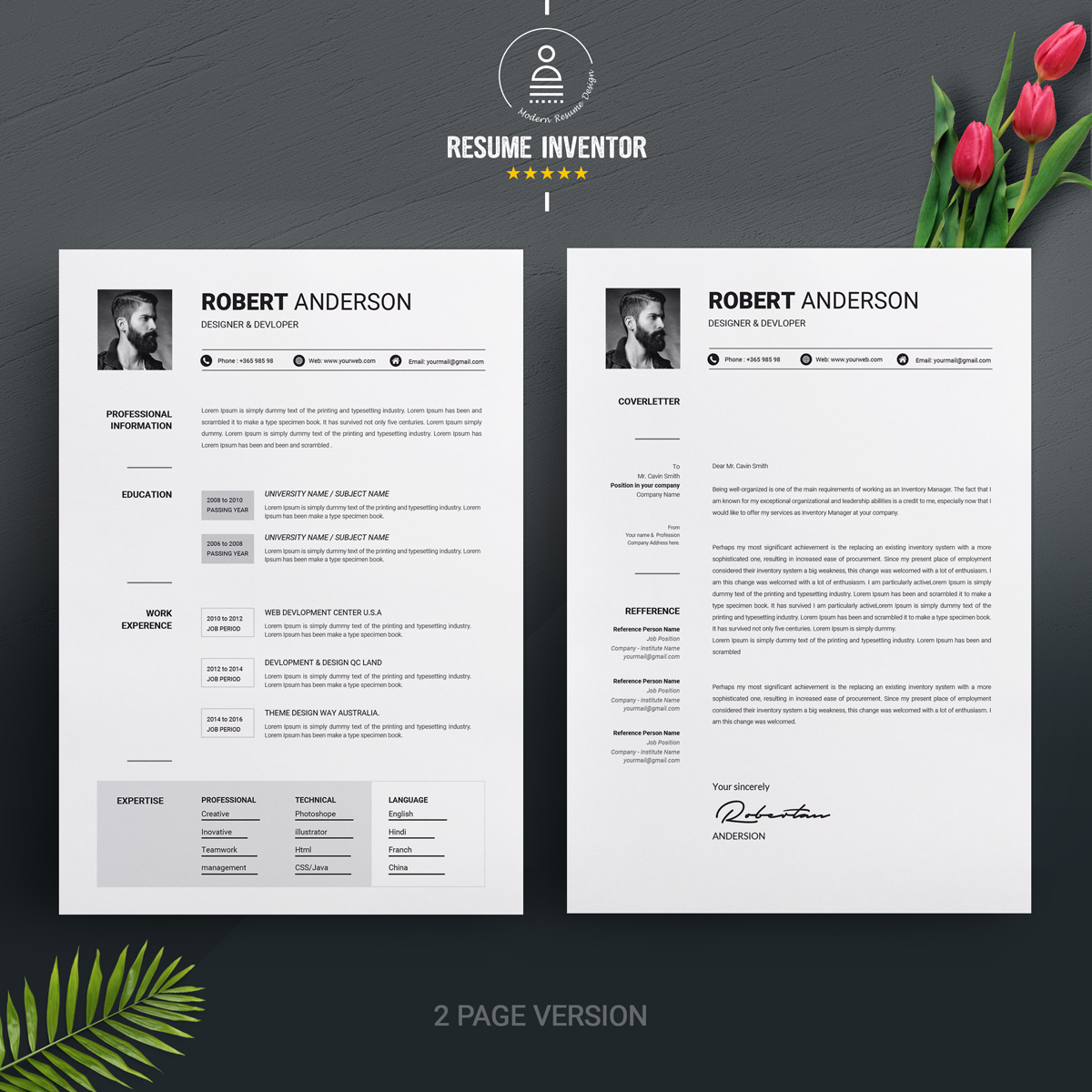 Download Резюме "Robert Anderson Clean Resume Template" / Robert Anderson Clean Resume Template - Резюме на тему графика 2 page 2page resume clean simple cv template cover letter ms word doc docx