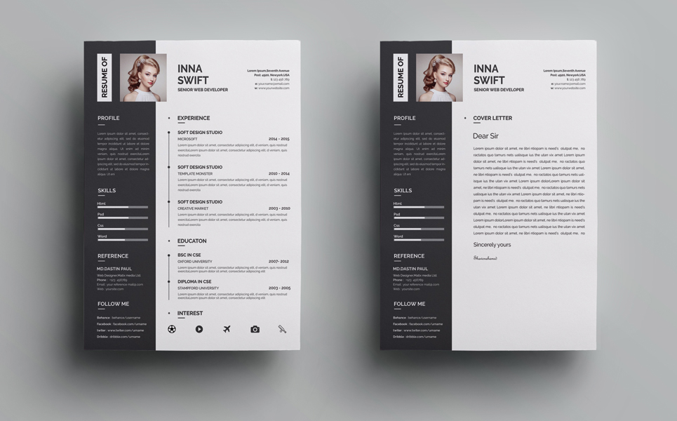 Download Резюме "Inna Swift - Resume Template" / Inna Swift - Resume Template - Резюме на тему графика a4 clean resume creative cv template designer elegant indesign infographic letter minimalist modern portfolio professional design minimal pages