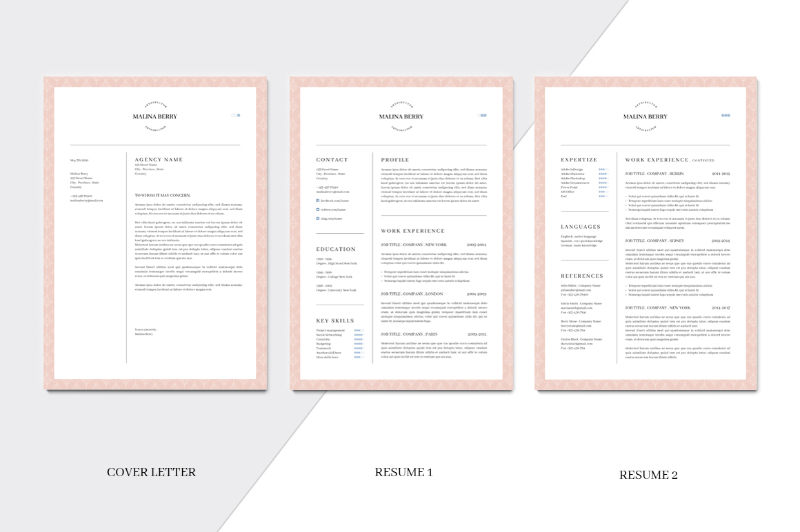 Download Резюме "MALINA  - 3 Pages + Bonus Resume Template" / MALINA  - 3 Pages + Bonus Resume Template - Резюме на тему графика resume cv template logo branding seamless pattern female letter a4 us eu size curriculum vitae title minimalist minimalism clean simple