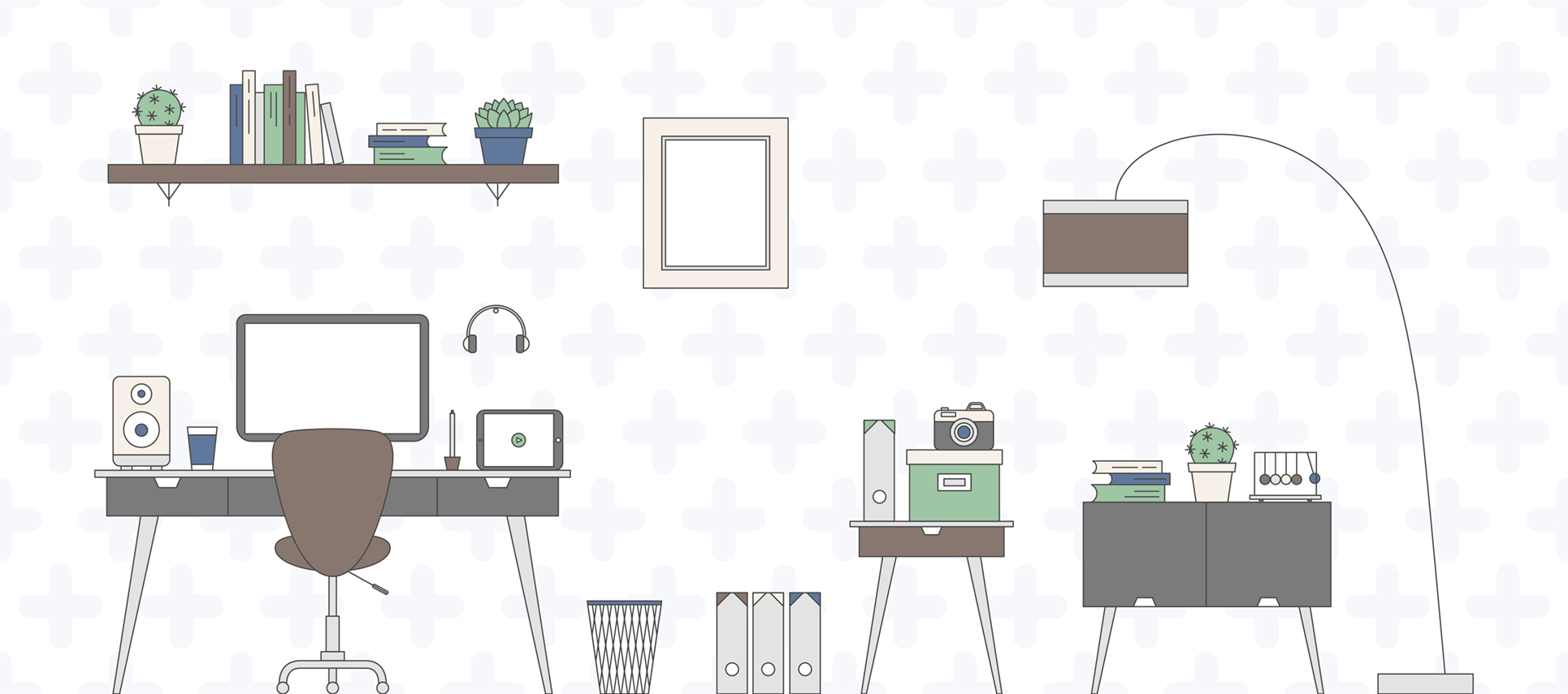 Download Иллюстрация "Flat Vector Scene Creator - Illustration" / Flat Vector Scene Creator - Illustration - Иллюстрация на тему графика icon icons line scene creator clean simple minimalist minimalism modern interior devices furnitures chair lamp food drink office decoration workspace