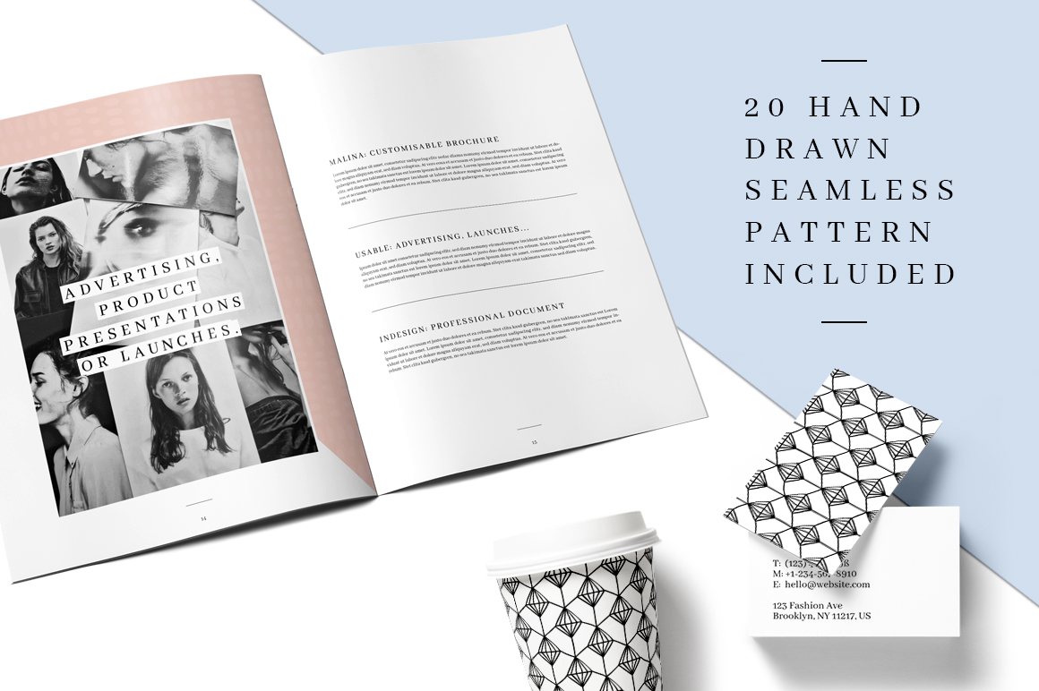 Download Фирменный стиль "MALINA 24 Pages Brochure + 20 Pattern - Corporate Identity Template" / MALINA 24 Pages Brochure + 20 Pattern - Corporate Identity Template - Фирменный стиль на тему графика brochure 24 pages template seamless patterns female feminine minimalist minimalism clean simple modern beauty fashion lifestyle portfolio announcement catalog magazine