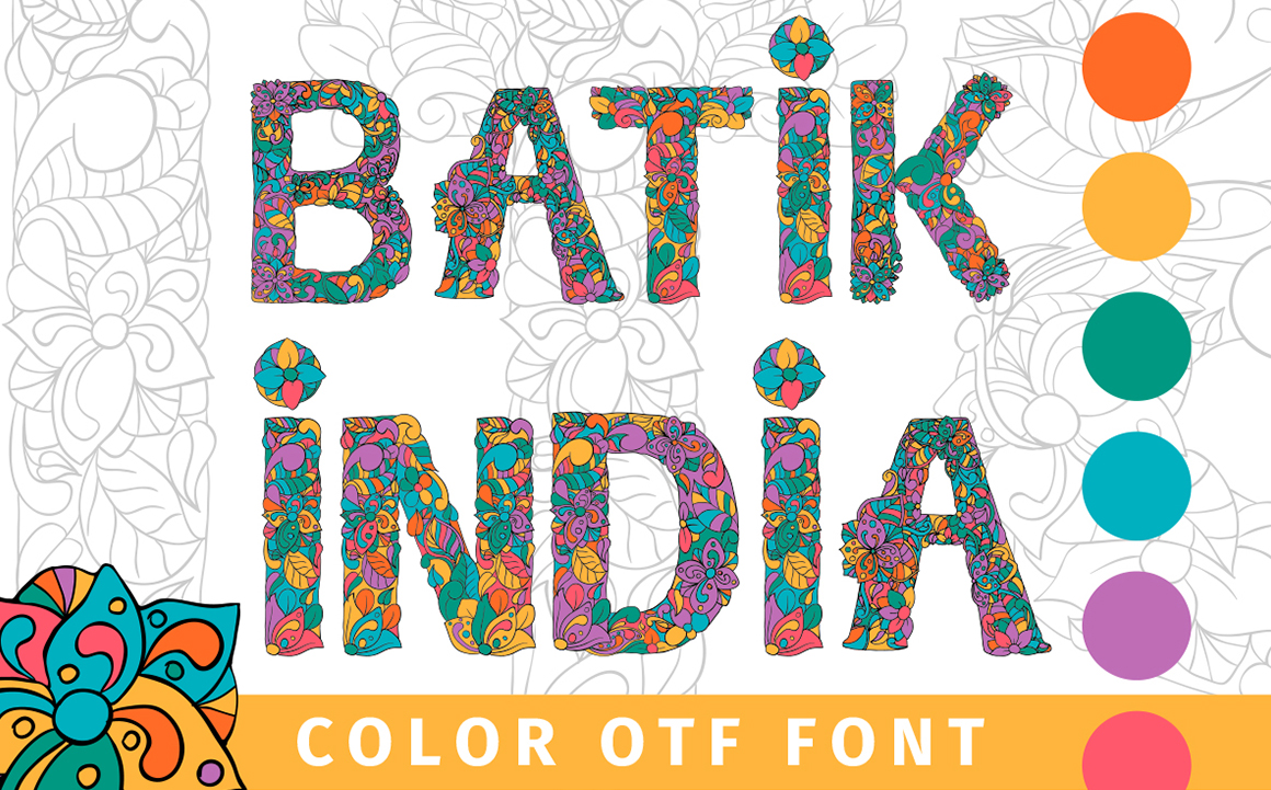 Download Шрифт "Batik India Color OTF Font" / Batik India Color OTF Font - Шрифт на тему графика color font batik type text patterned script line art graphic india alphabet typography otf vector regular colorful illustration letter opentype
