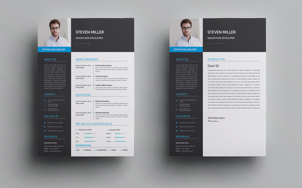 Download Резюме "Steven Miller Resume Template" / Steven Miller Resume Template - Резюме на тему графика resume cv printable vector editable free-fonts psd ai pdf bonous professional clean coustomizable a4 print-ready 300dpi cover letter eps engineer