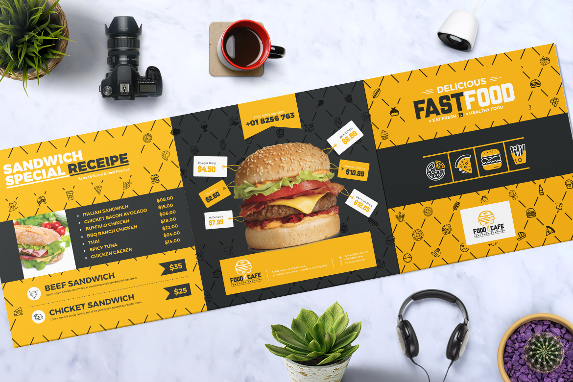 Download Фирменный стиль "Fast Food Tri-Fold Brochure - Corporate Identity Template" / Fast Food Tri-Fold Brochure - Corporate Identity Template - Фирменный стиль на тему графика tri-fold brochure design template 3 fold triangle square twi-fold corporate product business creative clean advertising elegant professional simple trifold