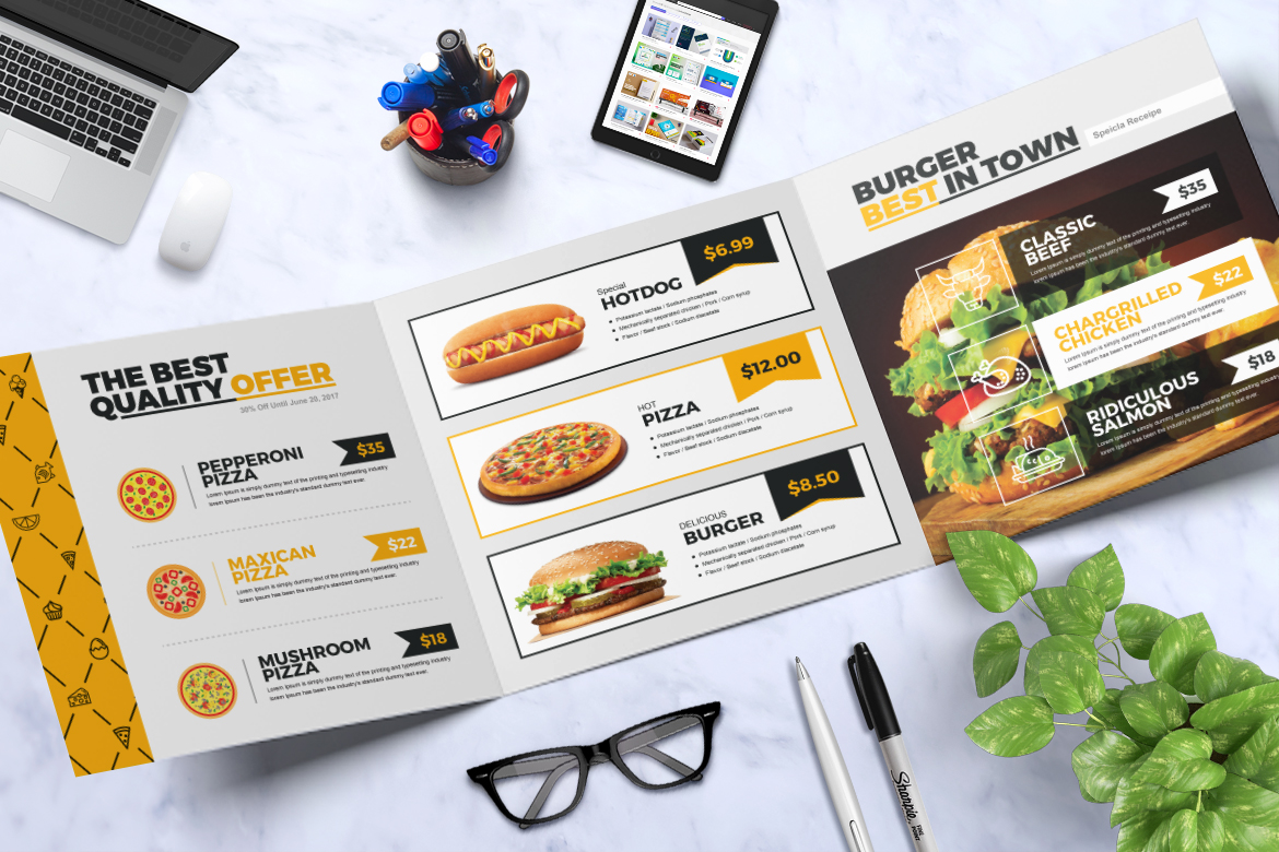 Download Фирменный стиль "Fast Food Tri-Fold Brochure - Corporate Identity Template" / Fast Food Tri-Fold Brochure - Corporate Identity Template - Фирменный стиль на тему графика tri-fold brochure design template 3 fold triangle square twi-fold corporate product business creative clean advertising elegant professional simple trifold