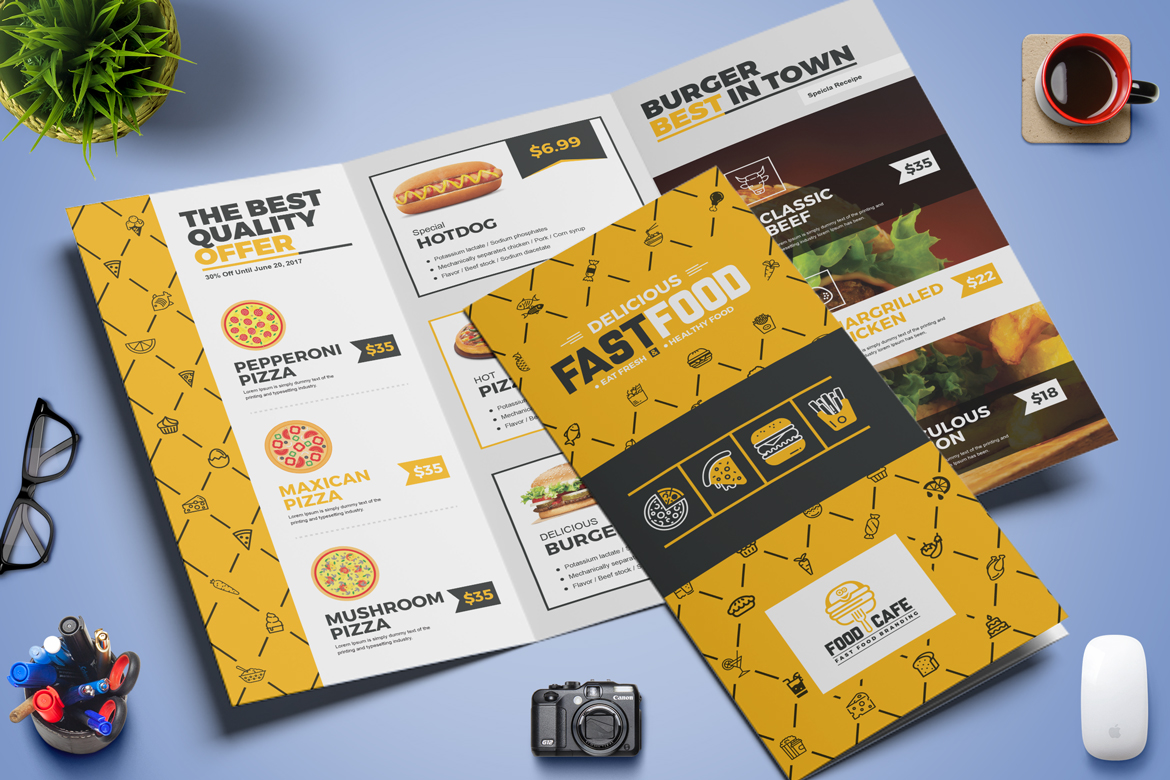 Download Фирменный стиль "Fast Food Tri-Fold Brochure - Corporate Identity Template" / Fast Food Tri-Fold Brochure - Corporate Identity Template - Фирменный стиль на тему графика tri-fold brochure design template 3 fold triangle square twi-fold corporate product business creative clean advertising elegant professional simple trifold