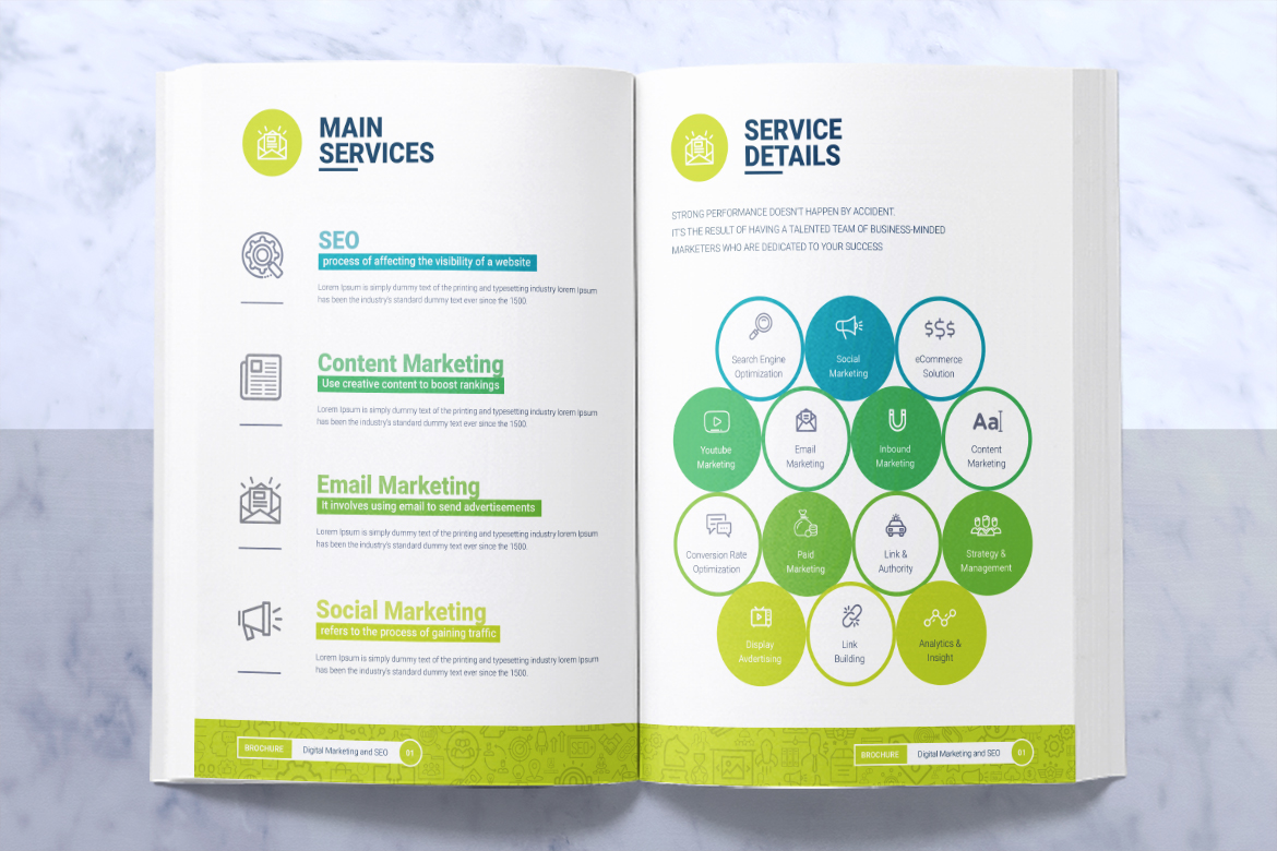 Download Фирменный стиль "SeoRank Bi-Fold Brochure - - Corporate Identity Template" / SeoRank Bi-Fold Brochure - - Corporate Identity Template - Фирменный стиль на тему графика seo search engine optimization digital marketing agency company optimise service keyword research on page off brochure design template advertising elegant