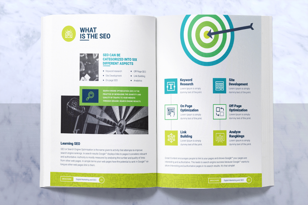 Download Фирменный стиль "SeoRank Bi-Fold Brochure - - Corporate Identity Template" / SeoRank Bi-Fold Brochure - - Corporate Identity Template - Фирменный стиль на тему графика seo search engine optimization digital marketing agency company optimise service keyword research on page off brochure design template advertising elegant