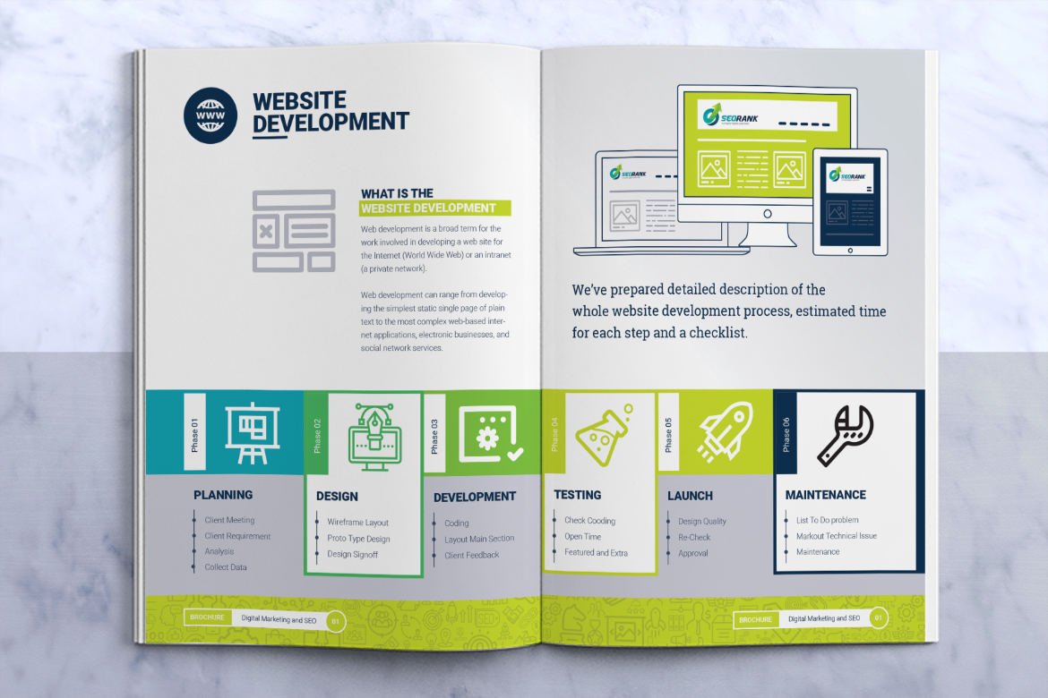 Download Фирменный стиль "SeoRank Bi-Fold Brochure - - Corporate Identity Template" / SeoRank Bi-Fold Brochure - - Corporate Identity Template - Фирменный стиль на тему графика seo search engine optimization digital marketing agency company optimise service keyword research on page off brochure design template advertising elegant