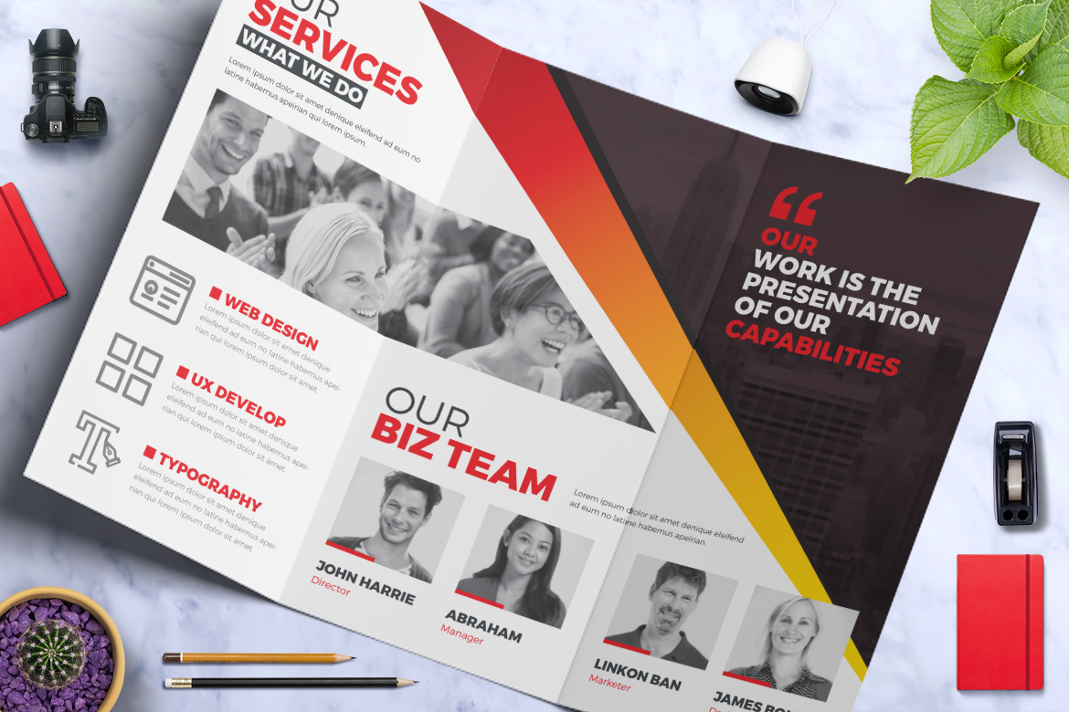 Download Фирменный стиль "Tri-Fold Brochure - - Corporate Identity Template" / Tri-Fold Brochure - - Corporate Identity Template - Фирменный стиль на тему графика tri-fold brochure design template 3 fold triangle square twi-fold corporate product business creative clean advertising elegant professional simple trifold business