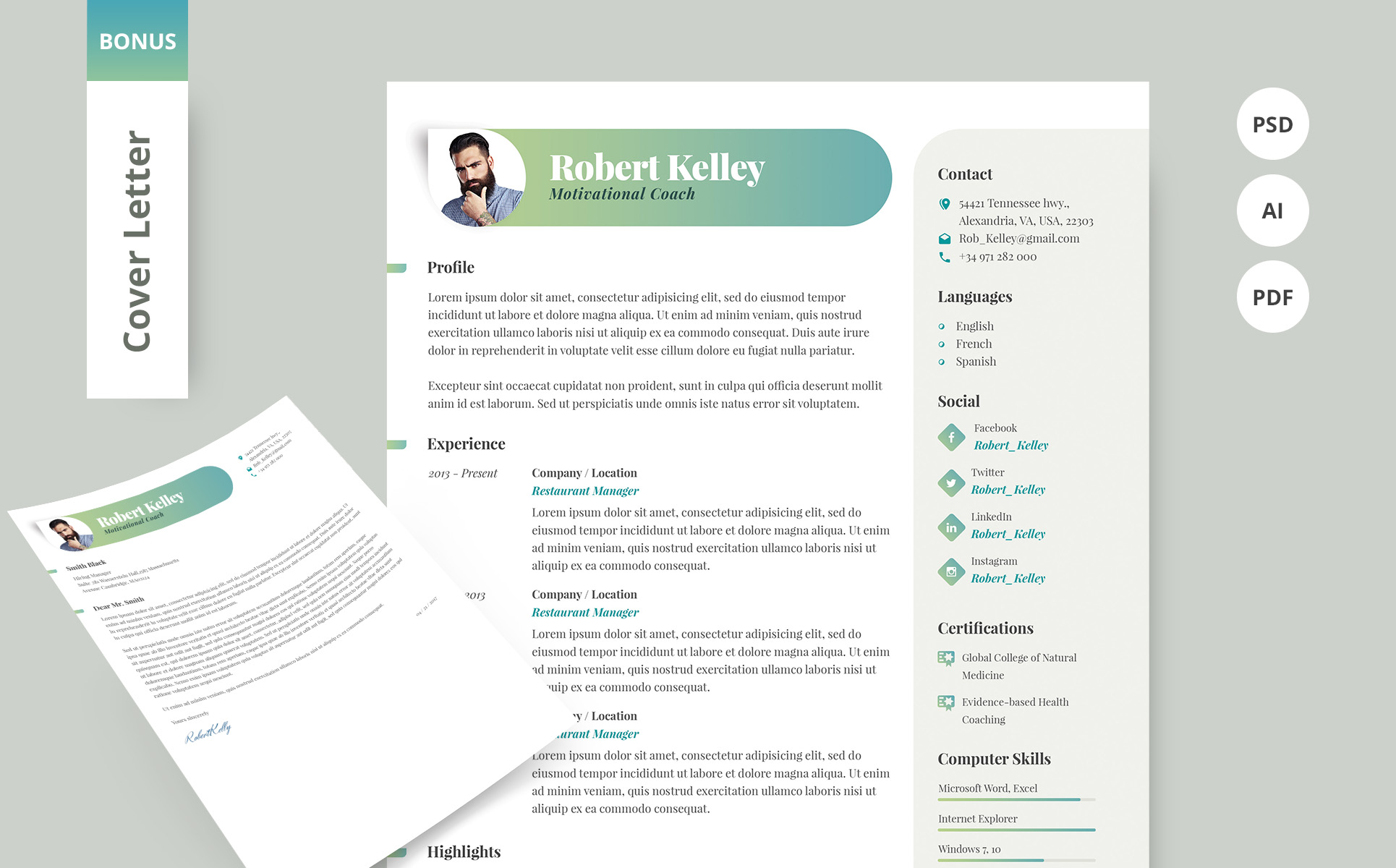 Download Резюме "Готовый пример резюме на работу водителем" / Robert Kelley - Motivational Coach Resume Template - Резюме на тему графика resume cv printable customizable free-fonts psd editable ai professional a4 cmyk print-ready 300dpi cover-letter pdf photoshop illustrator vector bleeds