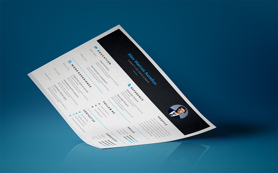 Download Резюме "Black & Blue Resume Template" / Black & Blue Resume Template - Резюме на тему графика a4 resume clean cv cover letter creative curriculum vitae design template doc docx employment indesign job modern best black blue