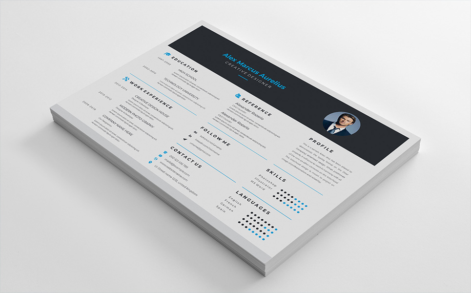 Download Резюме "Black & Blue Resume Template" / Black & Blue Resume Template - Резюме на тему графика a4 resume clean cv cover letter creative curriculum vitae design template doc docx employment indesign job modern best black blue