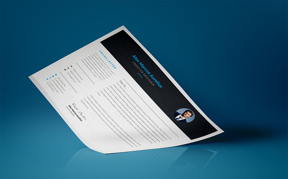 Download Резюме "Black & Blue Resume Template" / Black & Blue Resume Template - Резюме на тему графика a4 resume clean cv cover letter creative curriculum vitae design template doc docx employment indesign job modern best black blue
