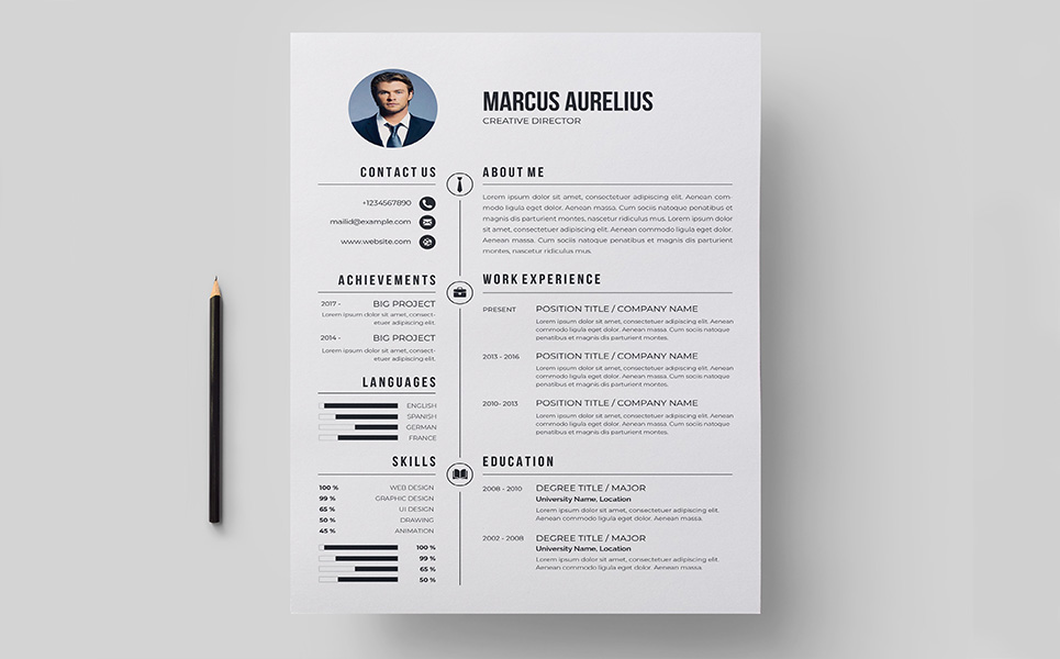 Download Резюме "Black & White Resume Template" / Black & White Resume Template - Резюме на тему графика a4 resume clean cv cover letter creative curriculum vitae design template doc docx employment indesign job modern best