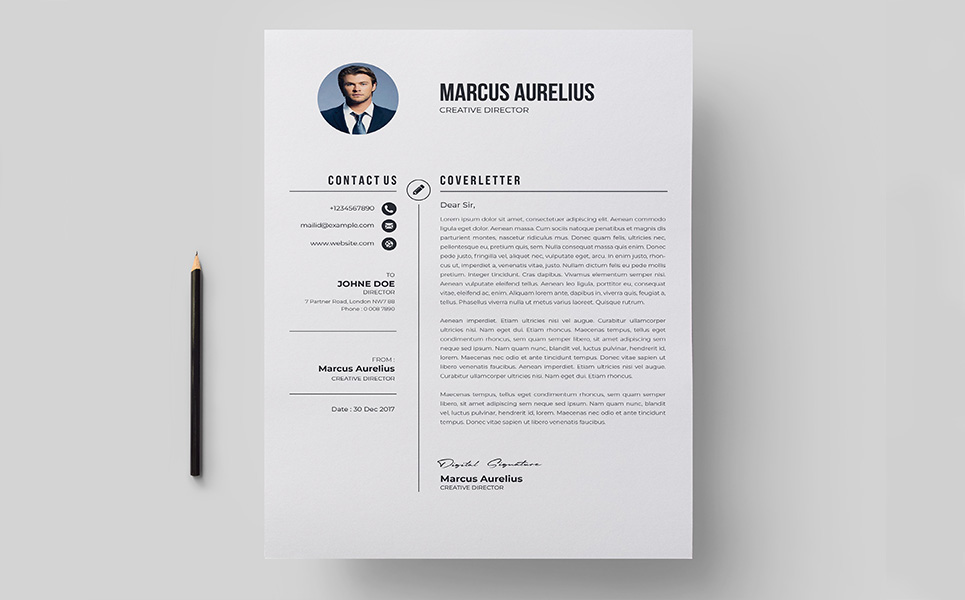 Download Резюме "Black & White Resume Template" / Black & White Resume Template - Резюме на тему графика a4 resume clean cv cover letter creative curriculum vitae design template doc docx employment indesign job modern best