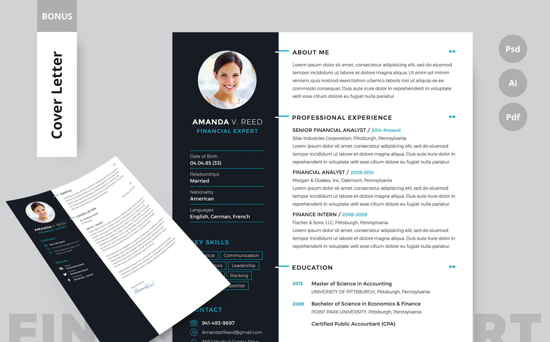 Download Резюме "Пример бланка резюме на работу" / Amanda V Reed Financial Expert Resume Template - Резюме на тему графика vc resume professional cover-letter psd ai doc pdf illustrator photoshop word vector 300dpi print-ready customizable free-fonts google clean bleeds cmyk