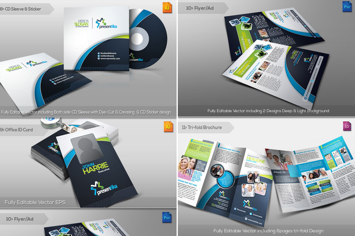 Download Presentica — бандл корпоративного стиля / Presentica | Corporate Business Branding Identity Pack - Фирменный стиль на тему графика multipurpose business branding identity corporate design flyer logo stationery official paper print templatesundefined agency marketingundefined