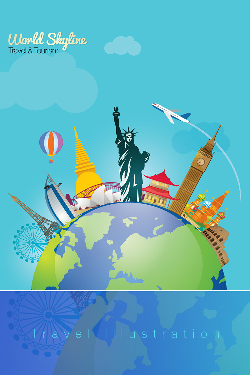 Download Иллюстрация "World Skyline Travel & Tourism With Globe - Illustration" / World Skyline Travel & Tourism With Globe - Illustration - Иллюстрация на тему графика world travel tour skyline cityscape air sports holiday christmass london eifell tower france new york