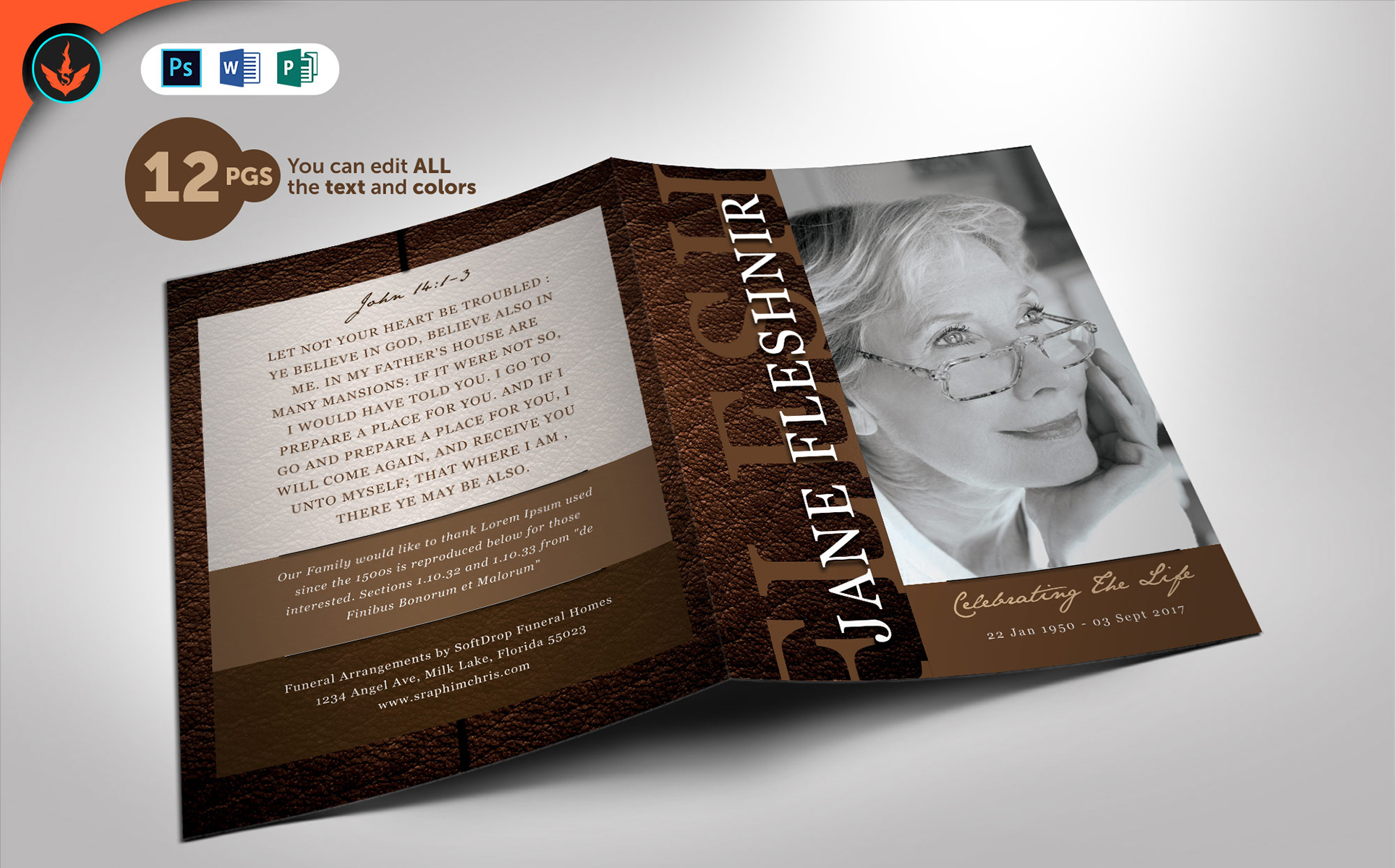 Download Фирменный стиль "Leather Funeral Program 1 - Corporate Identity Template" / Leather Funeral Program 1 - Corporate Identity Template - Фирменный стиль на тему графика bereavement program bi-fold booklet brochure bulletin celebration commemorative committal cremation dedication memorial eulogy funeral leather brown elegant photoshop word publisher