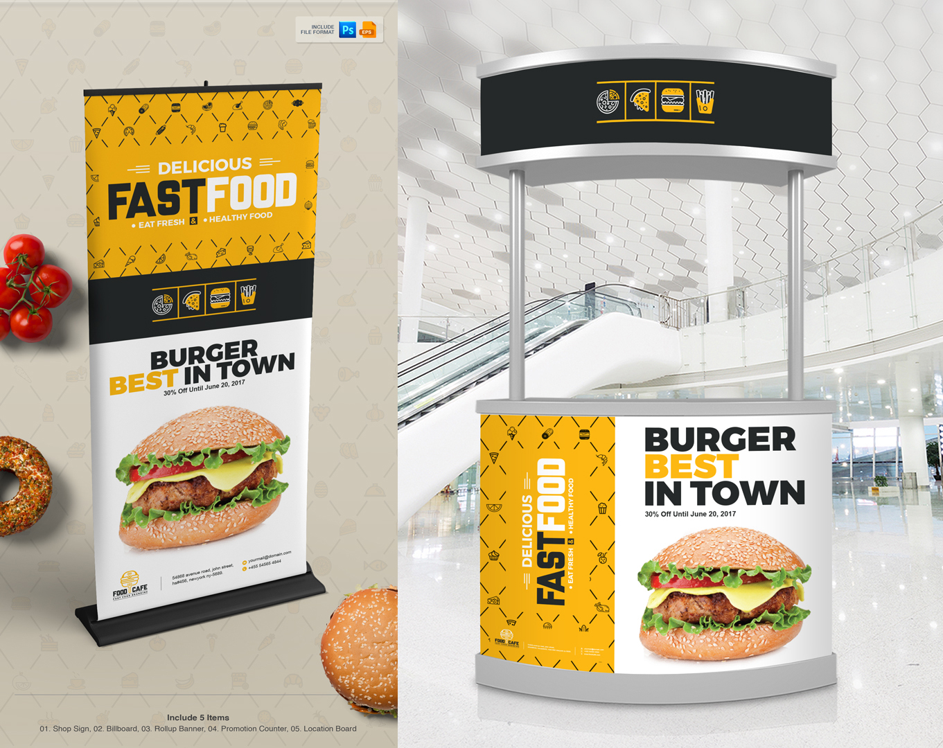 Download Цифровые баннеры рекламы фаст фуда на билбордах, рекламных щитах, магазинах / Digital Signage for Fast Food Agency | Billboard, Rollup Banner, Location Board, Promotional Counter, Shop Sign - Фирменный стиль на тему графика fast food restaurant catering signage pack bundle billboard design template rollup banner outdoor indoor promotion counter promotional shop sign location