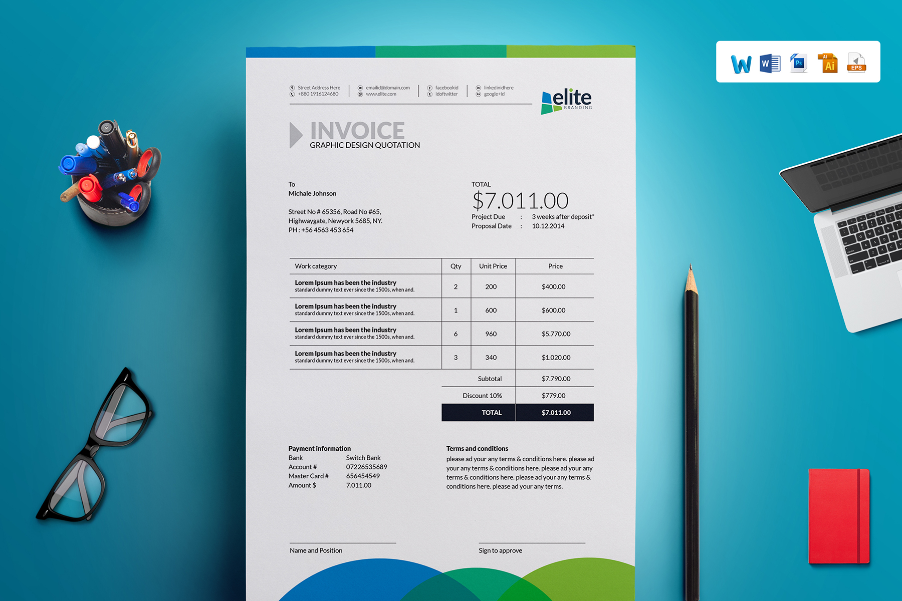 Download Фирменный стиль "MS Word Clean Invoice - Corporate Identity Template" / MS Word Clean Invoice - Corporate Identity Template - Фирменный стиль на тему графика invoice template design ms word psd eps clean bundle simple modern business cash memo a4 automatic bill creative excel indesign