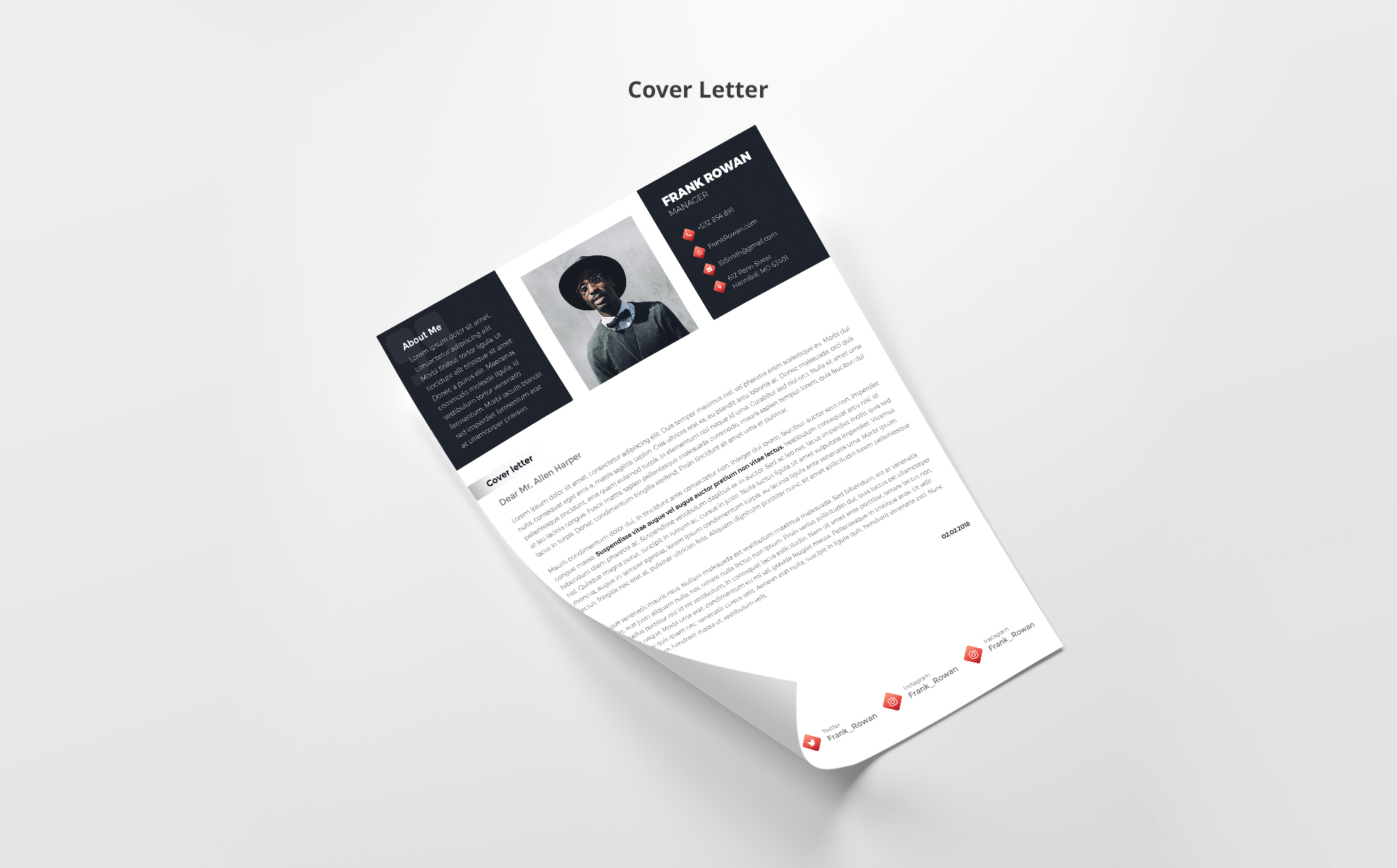 Download Резюме "Пример резюме управляющего" / Frank Rowan - Manager Resume Template - Резюме на тему графика vc resume professional cover-letter psd ai pdf illustrator photoshop vector 300dpi print-ready customizable free-fonts google clean bleeds cmyk manager eps