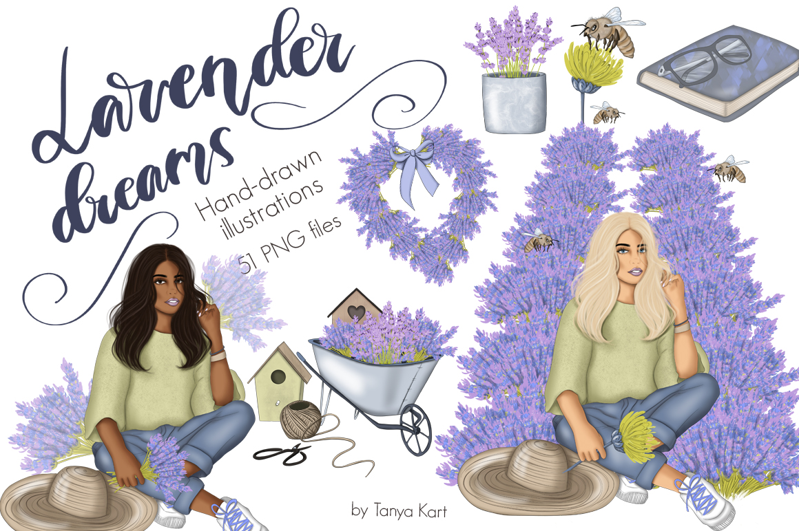 Download Иллюстрация "Lavender Dreams Clipart - Illustration" / Lavender Dreams Clipart - Illustration - Иллюстрация на тему графика planner stickers african american fashion illustration watercolor clipart girl afro babe lavender spring florals flowers dreams handdrawn graphics sublimation design