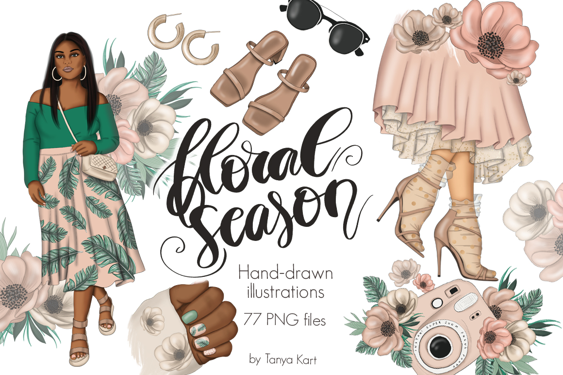 Download Иллюстрация "Floral Season Clipart - Illustration" / Floral Season Clipart - Illustration - Иллюстрация на тему графика planner stickers fashion illustration clipart girl afro babe floral flowers spring blossoms summer hand painted elements graphics sublimation design