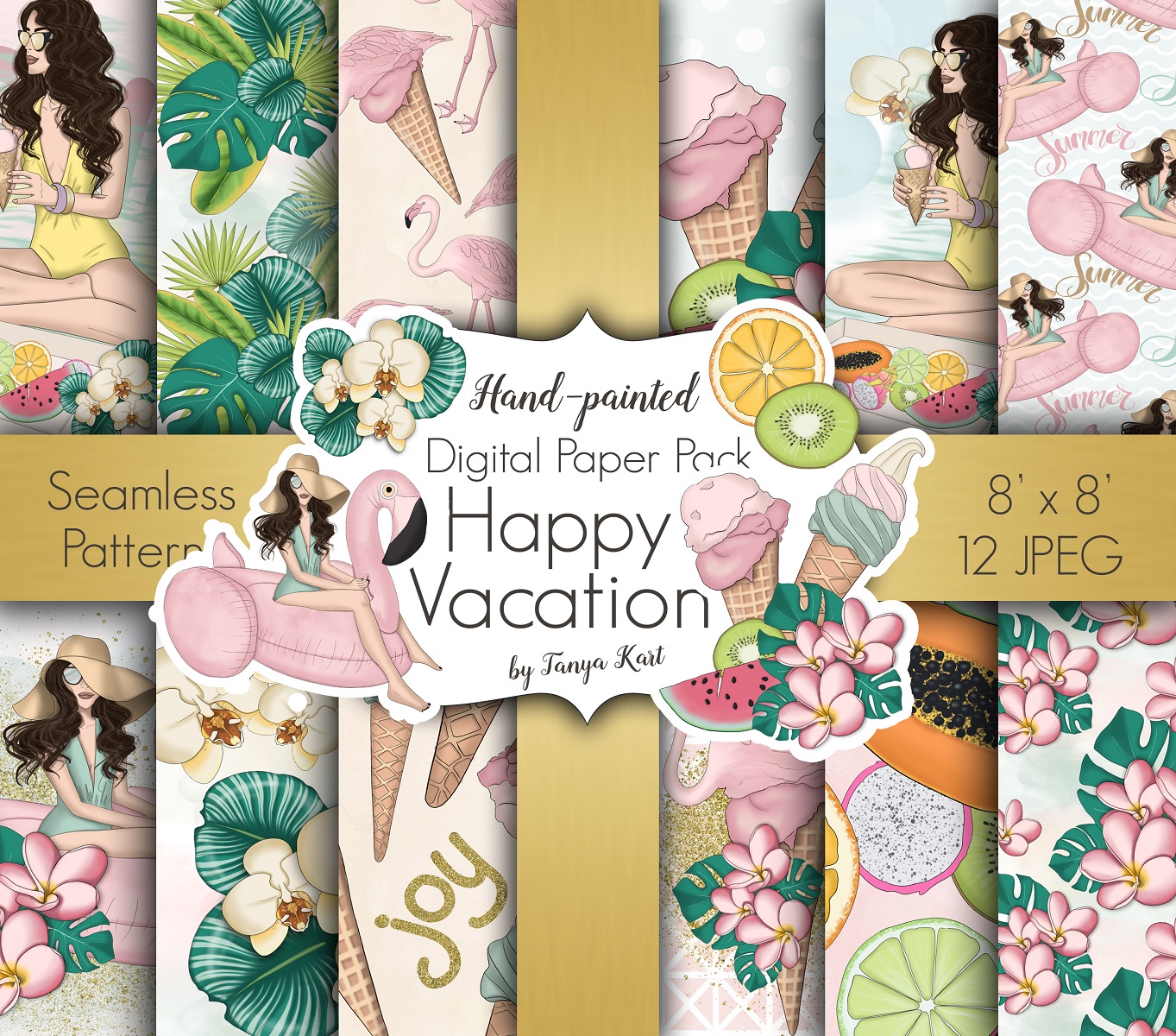 Download Иллюстрация "Happy Vacation Summer Design Kit - Illustration" / Happy Vacation Summer Design Kit - Illustration - Иллюстрация на тему графика vacation design illustrations seamless patterns summer paper hawaii fruits floral flowers girls journey travel tourism ocean relax