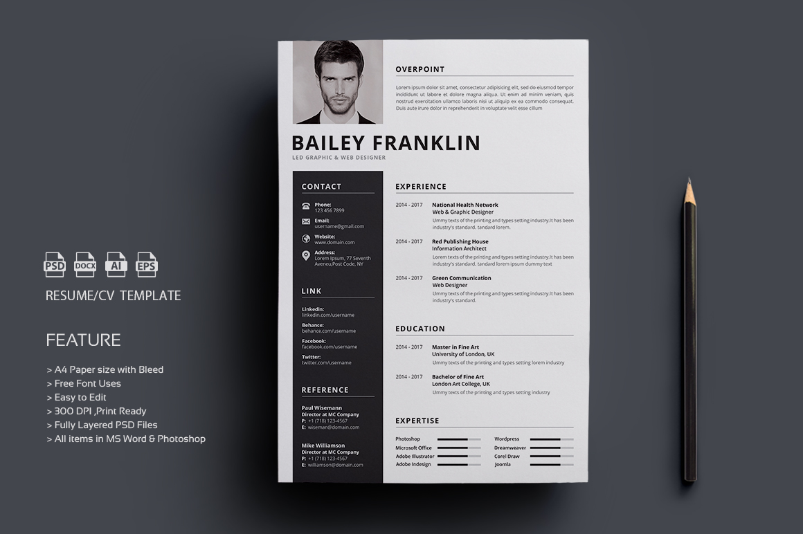 Download Резюме "Resume-Bailey Franklin Resume Template" / Resume-Bailey Franklin Resume Template - Резюме на тему графика resume template design cover letter cv modern minimal professional curriculam vitae us diy designer creative word ms microsoft bundle